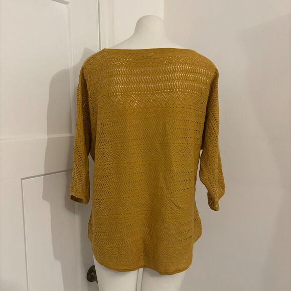 Garnet Hill size Large Linen Cotton Blend Open Knit Mustard Yellow Cardigan - Picture 2 of 5